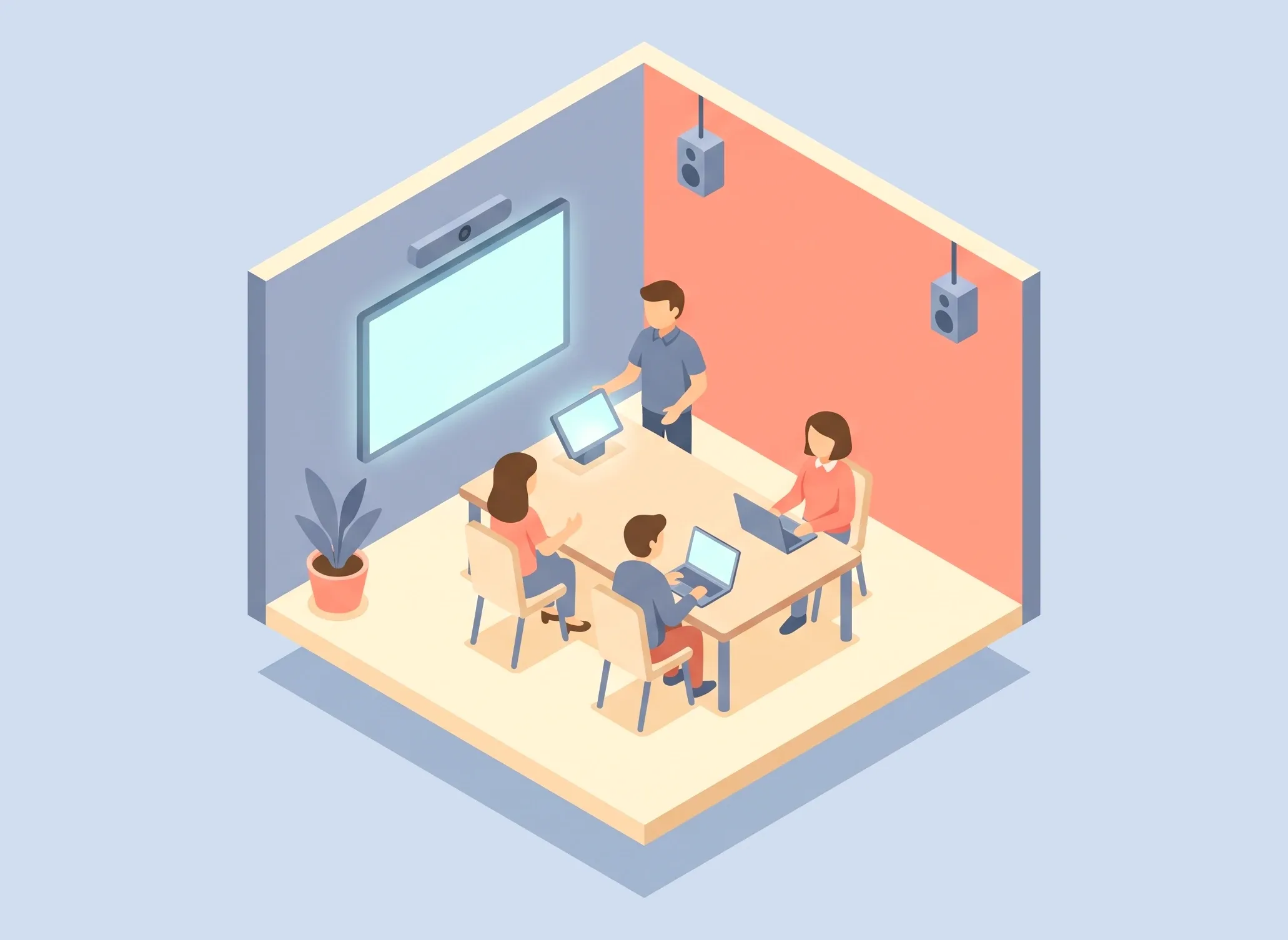 Una sala de reuniones isométrica ilustrada en azul pizarra, coral y crema, con la pantalla de pared y las de la mesa encendidas.