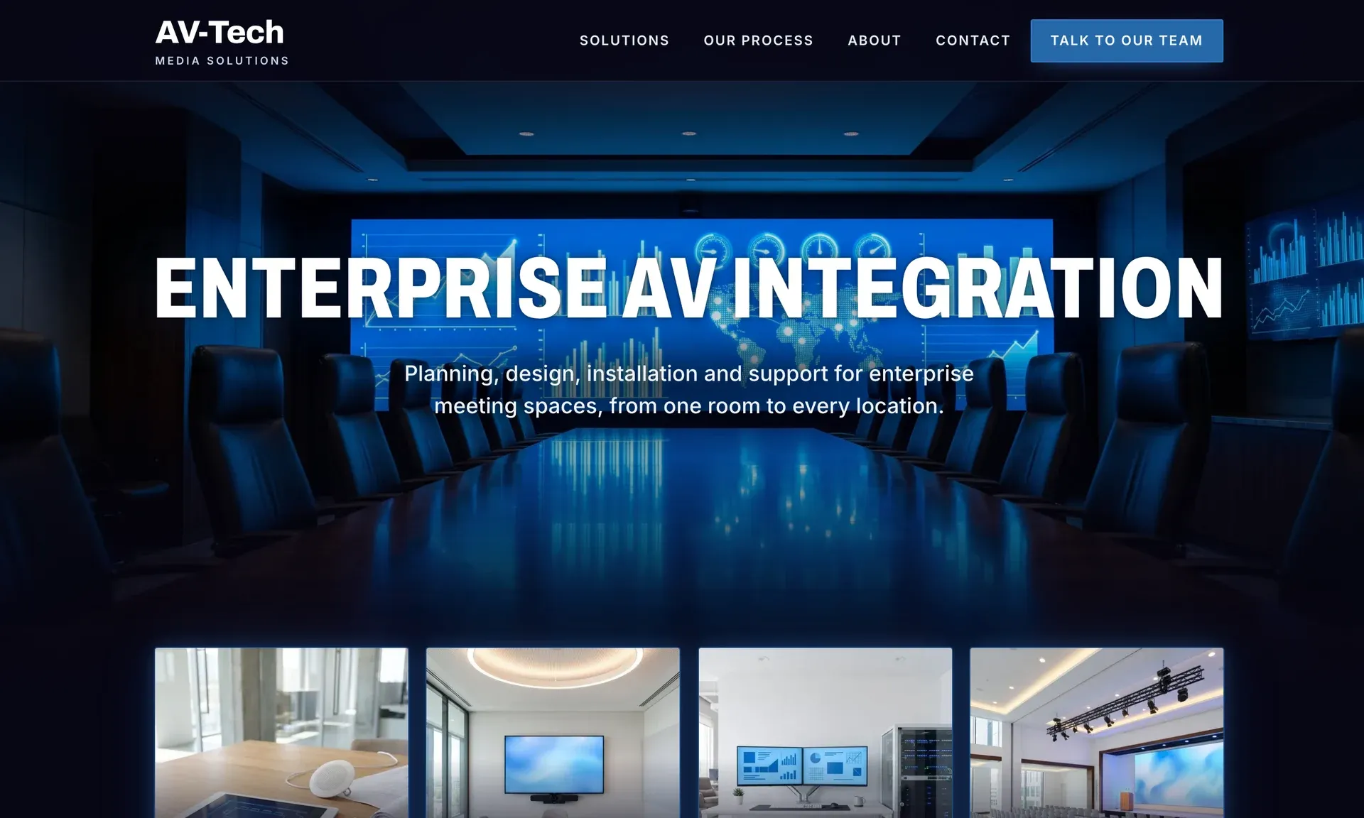 The live video wall home page: a night boardroom with a glowing wall of dashboards under the headline Enterprise AV integration, above four glowing service cards.