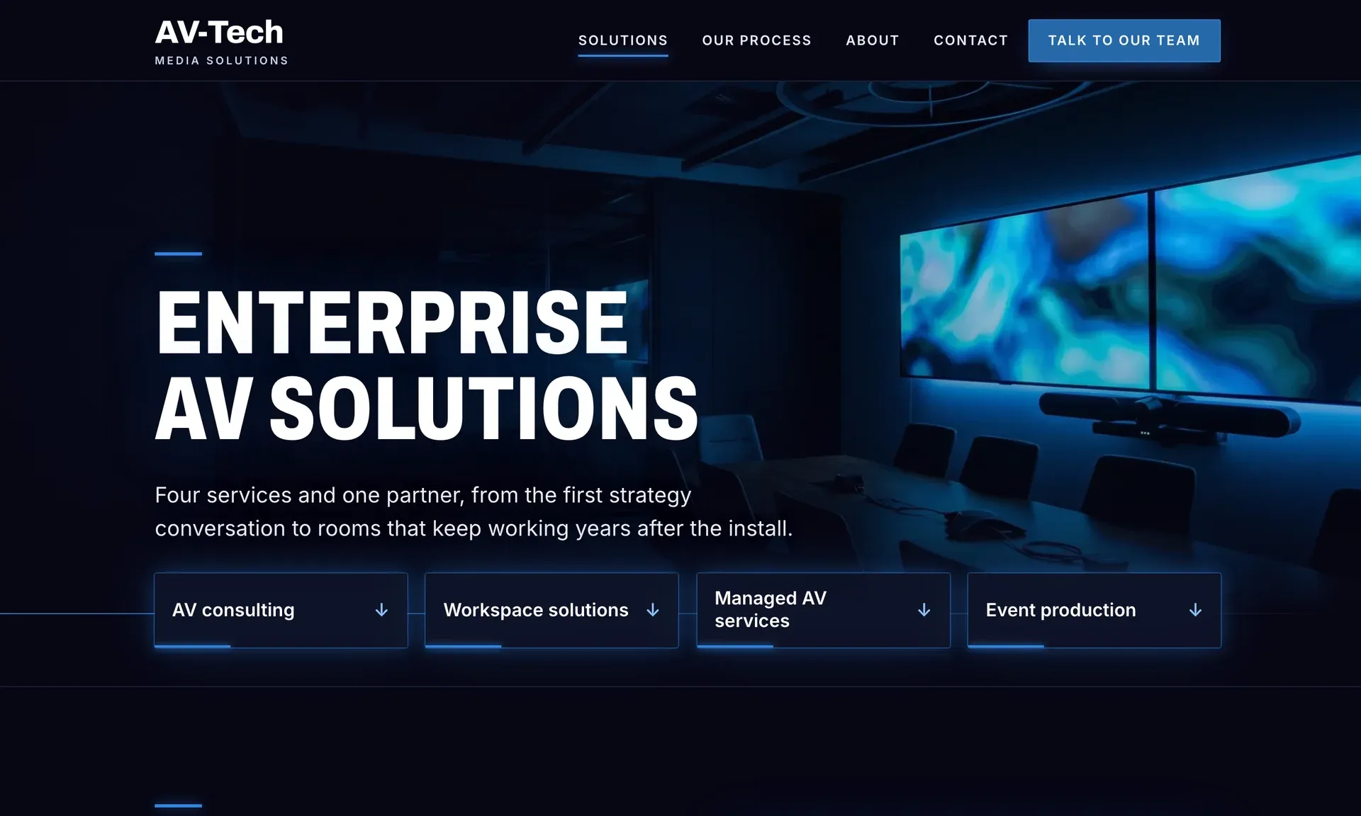 The live video wall solutions page: a dark meeting room under the headline Enterprise AV solutions.